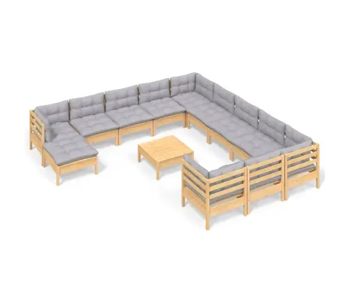 13-Daļīgs Dārza Mēbeļu Komplekts Ar Pelēkiem Matračiem, Priede Vidaxl