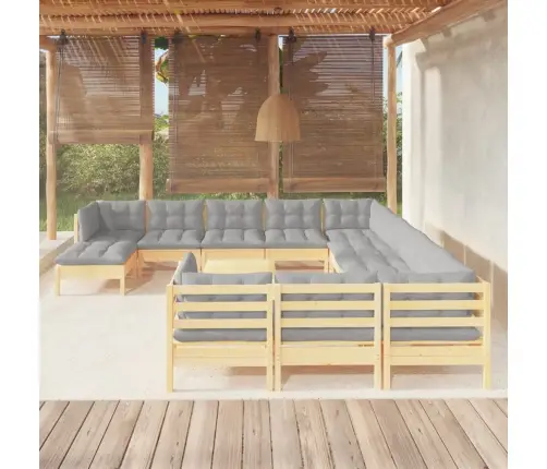 13-Daļīgs Dārza Mēbeļu Komplekts Ar Pelēkiem Matračiem, Priede Vidaxl