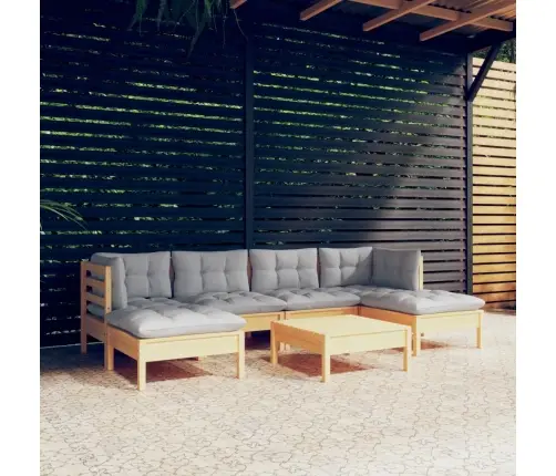 7-Daļīgs Dārza Mēbeļu Komplekts Ar Pelēkiem Matračiem, Priede Vidaxl