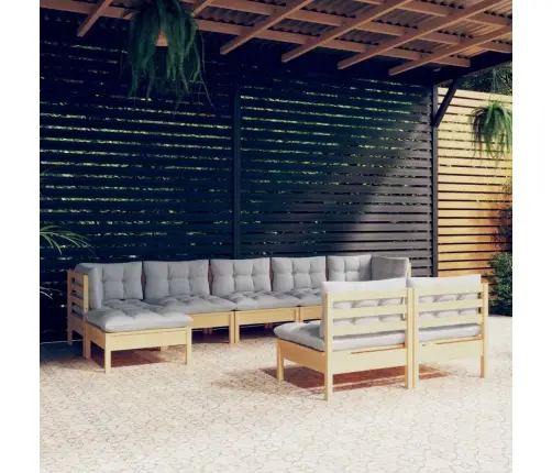 9-Daļīgs Dārza Mēbeļu Komplekts Ar Pelēkiem Matračiem, Priede Vidaxl