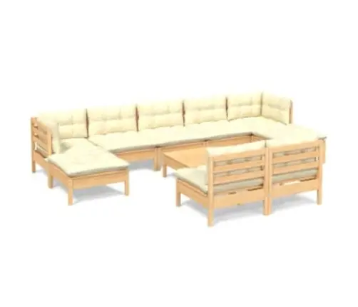 10-Osaline Aiamööbli Komplekt Kreemjate Patjadega, Männipuit