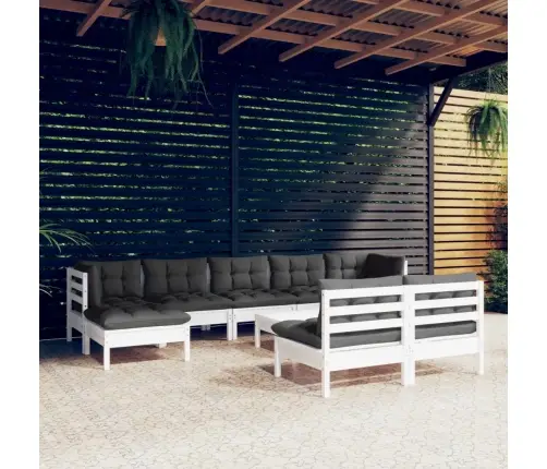 10-Daļīgs Dārza Mēbeļu Komplekts Ar Matračiem, Balta Priede Vidaxl