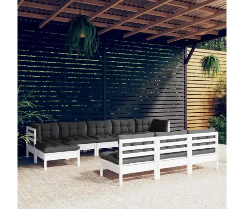 Sodo Komplektas Su Pagalvėmis, 10 Dalių, Baltas, Pušies Mediena