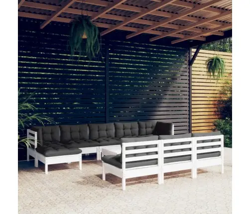 11-Daļīgs Dārza Mēbeļu Komplekts Ar Matračiem, Balta Priede Vidaxl