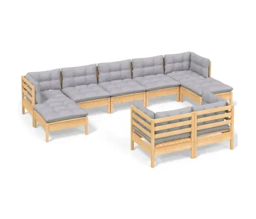 9-Daļīgs Dārza Mēbeļu Komplekts Ar Pelēkiem Matračiem, Priede Vidaxl