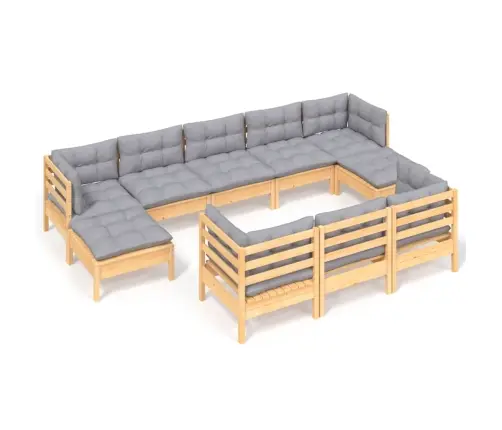 10-Osaline Aiamööblikomplekt Hallide Patjadega Toekas Männipuit