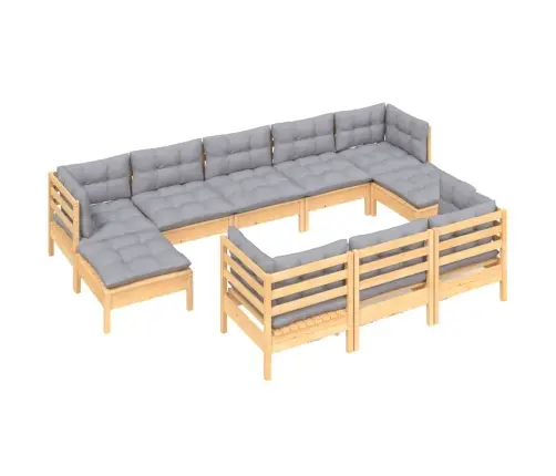 10-Osaline Aiamööblikomplekt Hallide Patjadega Toekas Männipuit