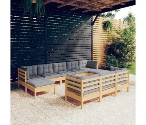 10-Osaline Aiamööblikomplekt Hallide Patjadega Toekas Männipuit