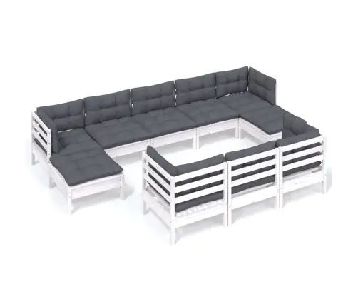 10-Daļīgs Dārza Mēbeļu Komplekts Ar Matračiem, Balta Priede Vidaxl