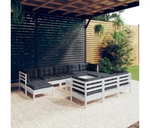 11-Daļīgs Dārza Mēbeļu Komplekts Ar Matračiem, Balta Priede Vidaxl