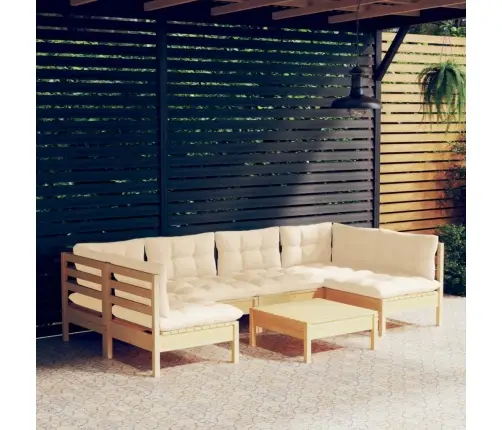 7-Daļīgs Dārza Mēbeļu Komplekts Ar Krēmkrāsas Matračiem, Priede Vidaxl