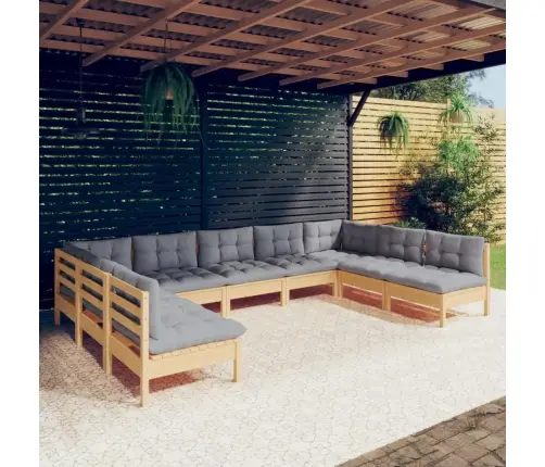 9-Daļīgs Dārza Mēbeļu Komplekts Ar Pelēkiem Matračiem, Priede Vidaxl