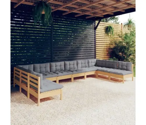 10-Daļīgs Dārza Mēbeļu Komplekts Ar Pelēkiem Matračiem, Priede Vidaxl