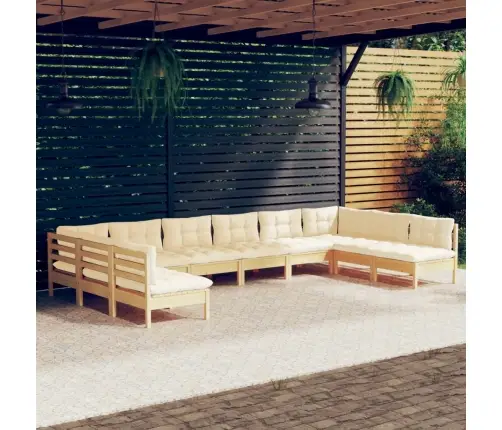 10-Daļīgs Dārza Mēbeļu Komplekts Ar Krēmkrāsas Matračiem, Koks Vidaxl