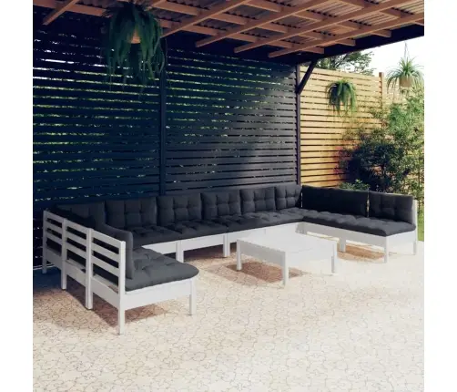 11-Daļīgs Dārza Mēbeļu Komplekts Ar Matračiem, Balta Priede Vidaxl