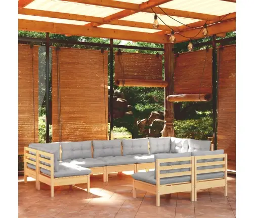 9-Daļīgs Dārza Mēbeļu Komplekts Ar Pelēkiem Matračiem, Priede Vidaxl