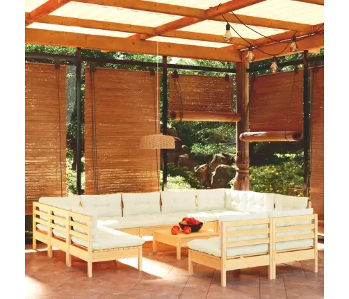 12-Daļīgs Dārza Mēbeļu Komplekts Ar Krēmkrāsas Matračiem, Koks Vidaxl