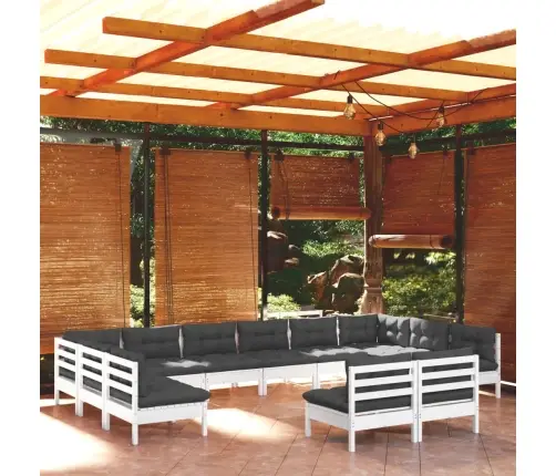 12-Daļīgs Dārza Mēbeļu Komplekts Ar Matračiem, Balta Priede Vidaxl