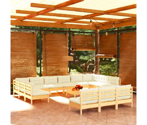 14-Daļīgs Dārza Mēbeļu Komplekts Ar Krēmkrāsas Matračiem, Koks Vidaxl