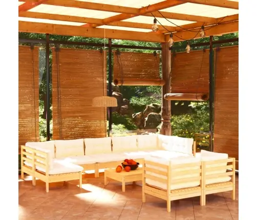 10-Daļīgs Dārza Mēbeļu Komplekts Ar Krēmkrāsas Matračiem, Koks Vidaxl