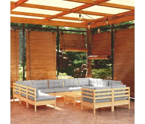 12-Osaline Aiamööblikomplekt Hallide Patjadega Toekas Männipuit