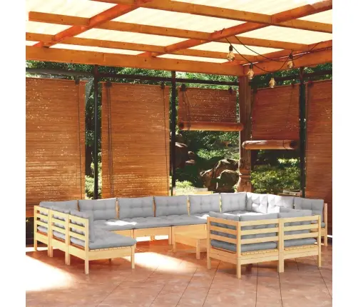 13-Daļīgs Dārza Mēbeļu Komplekts Ar Pelēkiem Matračiem, Priede Vidaxl