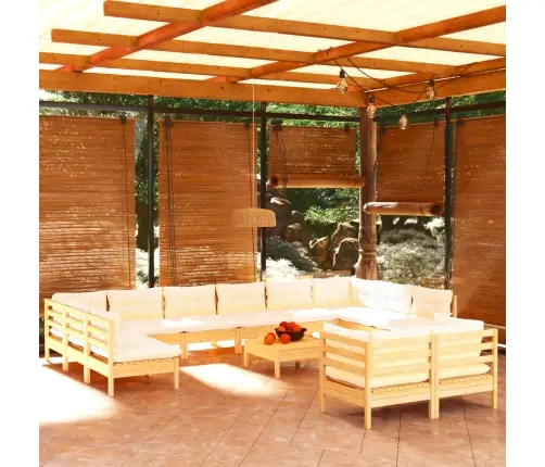 13-Daļīgs Dārza Mēbeļu Komplekts Ar Krēmkrāsas Matračiem, Priede Vidaxl