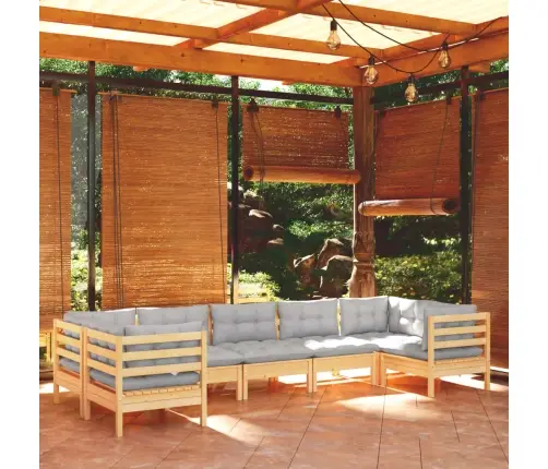 7-Daļīgs Dārza Mēbeļu Komplekts Ar Pelēkiem Matračiem, Priede Vidaxl