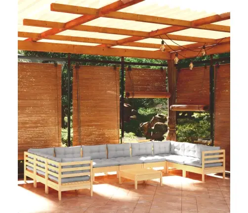 11-Daļīgs Dārza Mēbeļu Komplekts Ar Pelēkiem Matračiem, Priede Vidaxl