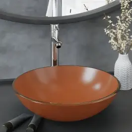 Vannitoavalamu Kraani Ja Äravoolupesaga, Pruun Karastatud Klaas