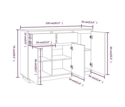 Kumode, Balta, 110X34X75 Cm, Priedes Masīvkoks Vidaxl