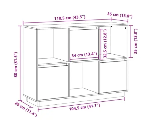 Šoninė Spintelė, 110,5X35X80cm Pušies Medienos Masyvas Šoninė Spintelė, 110,5X35X80cm Pušies Medienos Masyvas