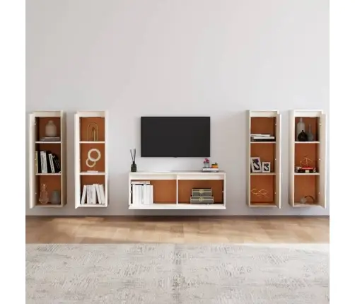 Tv Skapīši, 5 Gab., Balti, Priedes Masīvkoks Vidaxl