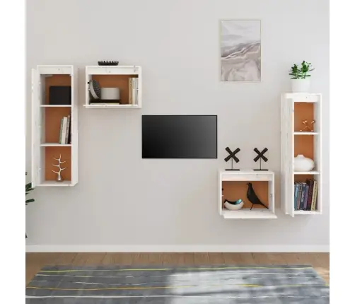 Televizoriaus Spintelės, 4Vnt., Baltos, Pušies Medienos Masyvas