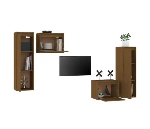 Televizoriaus Spintelės, 4Vnt., Medaus Rudos, Pušies Masyvas Televizoriaus Spintelės, 4Vnt., Medaus Rudos, Pušies Masyvas