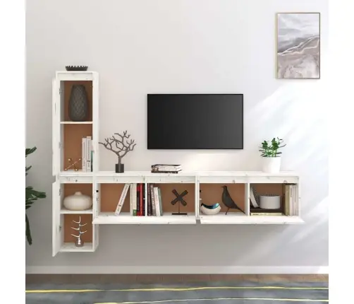 Televizoriaus Spintelės, 4Vnt., Baltos, Pušies Medienos Masyvas