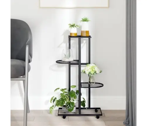 Puķu Statīvs Ar Riteņiem, 4 Līmeņi, 44X23X80 Cm, Melns, Dzelzs Vidaxl