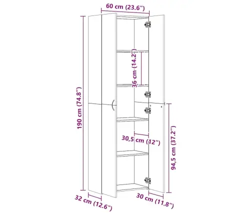 Biroja Skapis, Pelēka Ozolkoka, 60X32X190 Cm, Inženierijas Koks Vidaxl