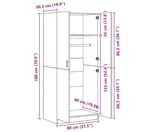 Riidekapp, Suitsutatud Tamm, 80 X 52 X 180 cm Tehispuit