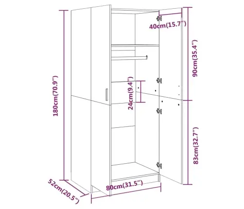 Skapis, Pelēcīga Ozola Krāsa, 80X52X180 Cm, Inženierijas Koks Vidaxl