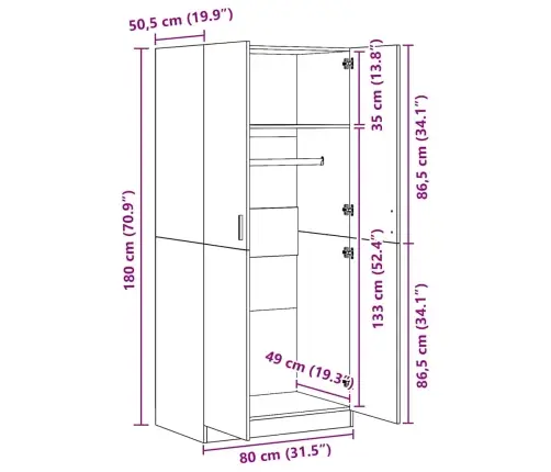 Riidekapp, Hall Sonoma Tamm, 80 X 52 X 180 cm Tehispuit