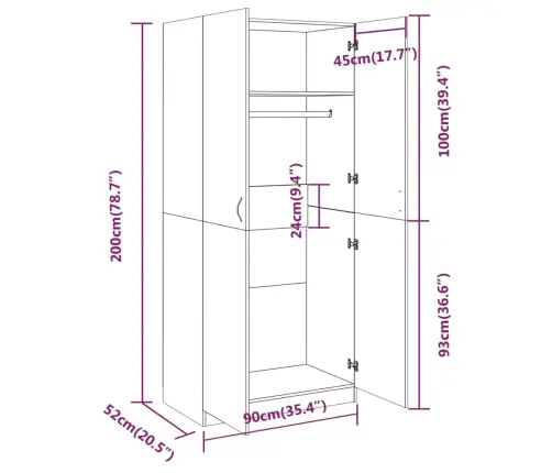Drabužių Spinta, Dūminio Ąžuolo Spalvos, 90X52X200cm Mediena