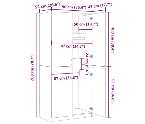 Riidekapp, Suitsutatud Tamm, 90 X 52 X 200 cm Tehispuit
