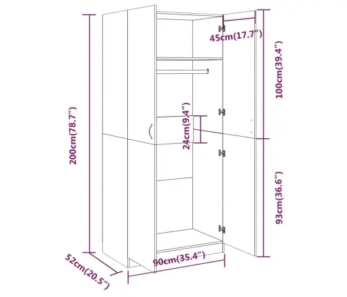 Skapis, Pelēcīga Ozola Krāsa, 90X52X200 Cm, Inženierijas Koks Vidaxl