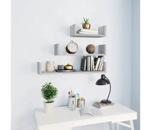 Sienas Plaukti, 3 Gab., Pelēka Ozola Krāsa, Inženierijas Koks Vidaxl