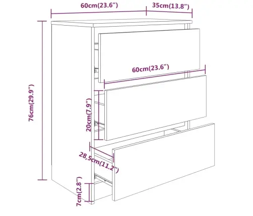 Kumode, Dūmakains Ozols, 60X35X76 Cm, Inženierijas Koks Vidaxl