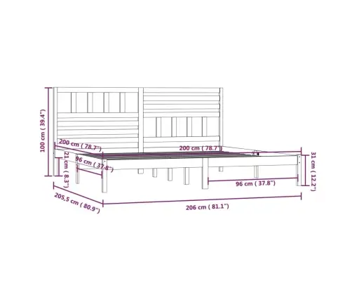Voodiraam, Valge, Täismännipuit, 200 X 200 Cm