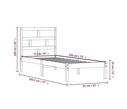 Voodiraam, Must, 75 X 190 cm Männipuit