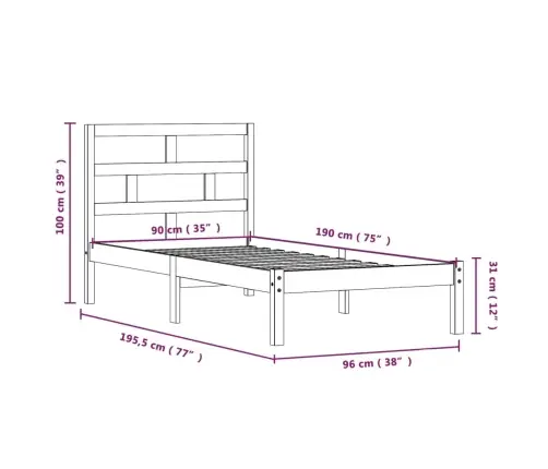 Gultas Rāmis, Balts, 90X190 Cm, Vienvietīgs, Masīvkoks Vidaxl
