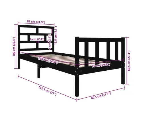 Gultas Rāmis, Melns, Masīvkoks, 75X190 Cm, Mazs, Vienvietīgs Vidaxl